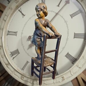 Paris Made in France Vintage Bronze Girl Figurine Standing on Chair